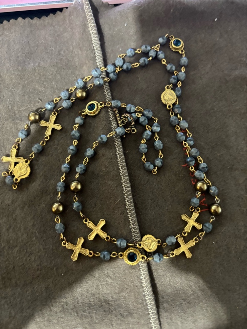 VSA virgins Saints and angels Gold-Tone Cross & Blue Bead Rosary Necklace